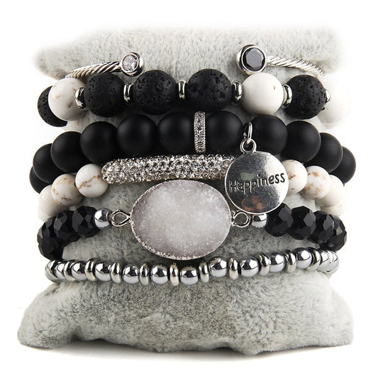Opulent Radiance: 6-Piece Glamorous Crystal and Semi-Precious Stone Bracelet Stack in Shadow Steel