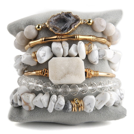 Opulent Radiance: 6-Piece Glamorous Crystal and Semi-Precious Stone Bracelet Stack in White