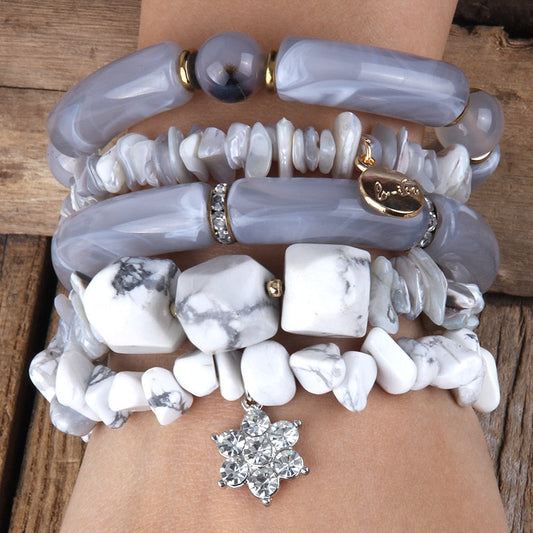 Elbow Bead Elegance in Grey & White: 5-Piece Bracelet Stack