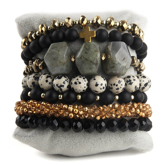Opulent Radiance: 6-Piece Glamorous Crystal and Semi-Precious Stone Bracelet Stack in Golden Earth