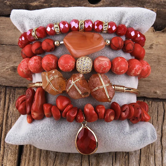 Essence Stone Bracelet Set 5-Piece in Red