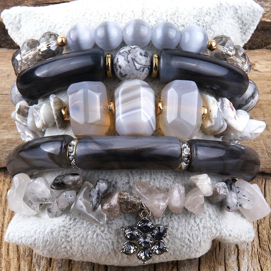 Elbow Bead Elegance in Black & Grey: 5-Piece Bracelet Stack