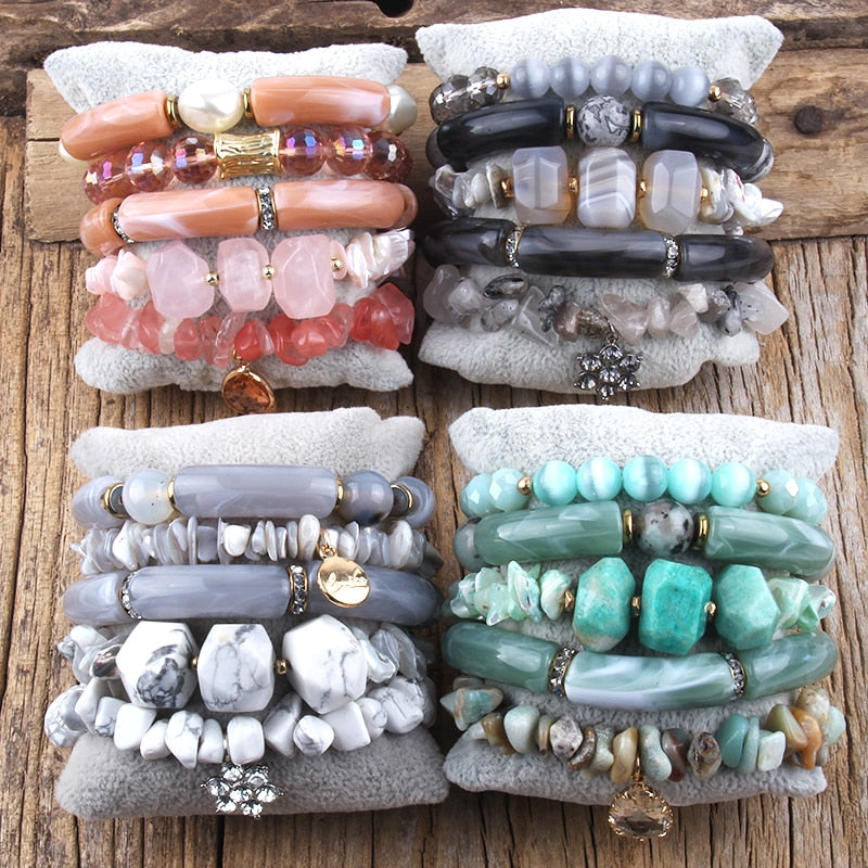 Elbow Bead Elegance in Grey & White: 5-Piece Bracelet Stack