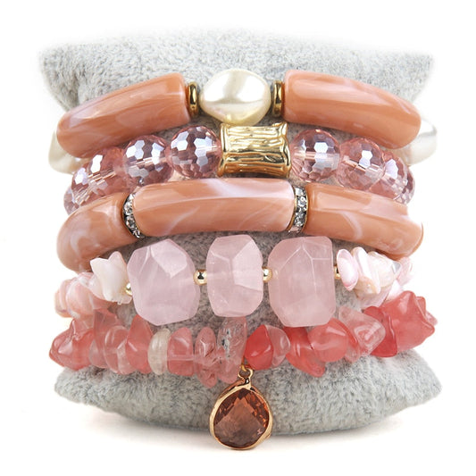 Elbow Bead Elegance in Pink: 5-Piece Bracelet Stack