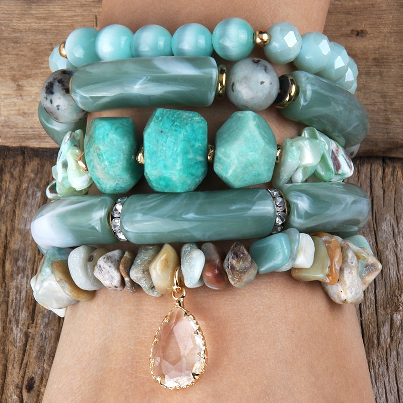 Elbow Bead Elegance in Blue: 5-Piece Bracelet Stack